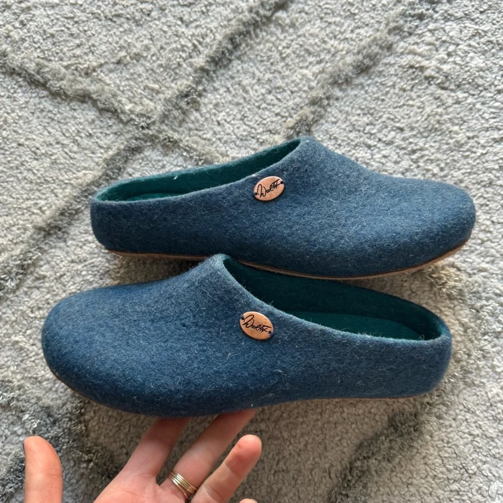 WoolFit wool felt handmade clogs slippers slip on blue German 39 / 9 - Picture 3 of 13